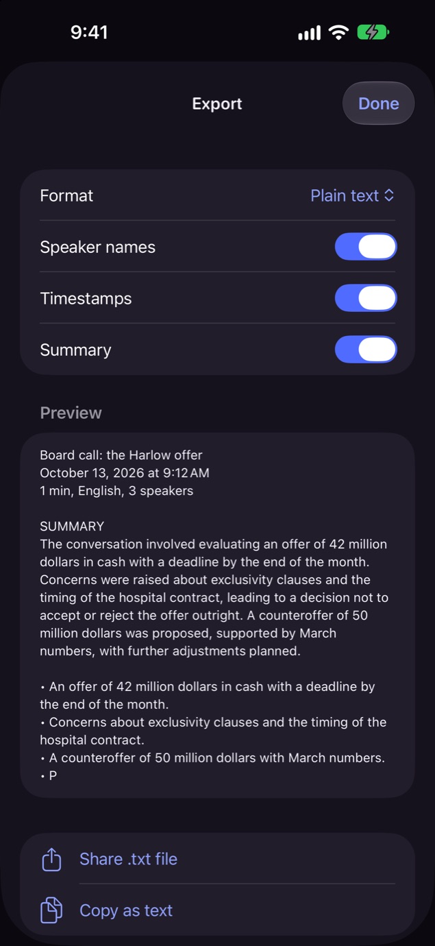 The export options: text, Markdown and subtitles.