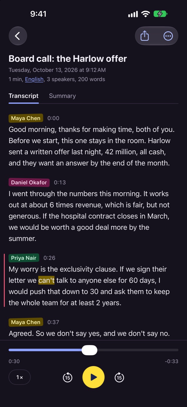 A transcript in the dark look, with three named speakers.
