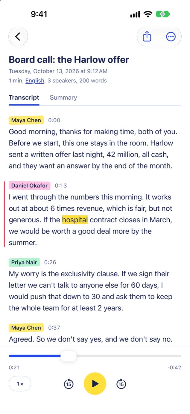 A transcript in Steno Pad: a board call, with each speaker's name above what they said, and the recording playing along.